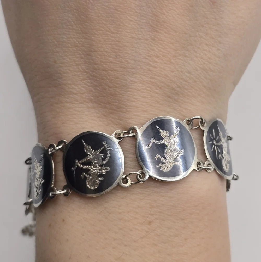 Vintage 1950s Siam Niello Sterling Silver Siam Dancer Fan linked bracelet